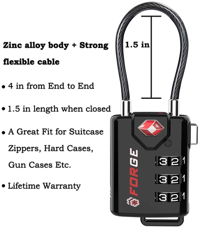 TSA Approved Cable Luggage Locks, Re-settable Combination with Alloy Body