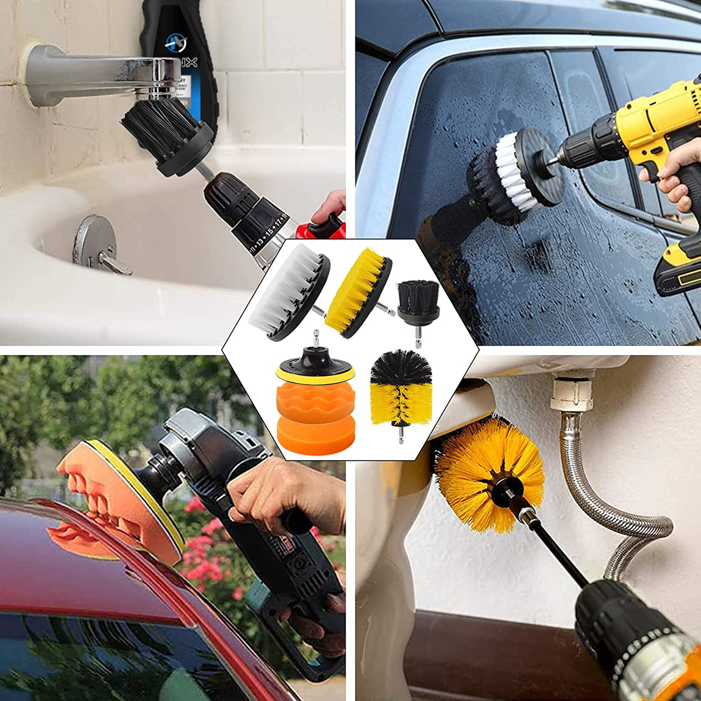 TTCR-II 16 Pcs Car Wheel/Tyre Cleaner and Drill Brush Set, Detailing Brush, Dashboard Mini Duster, Microfiber Mit and Towel, Sponge Polishing Pad, Thread Backing Pad, Drill Power Scrubber Brushes