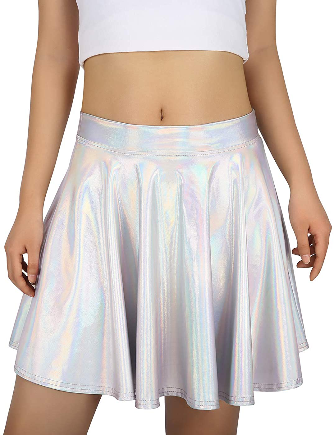 HDE Women's Shiny Liquid Metallic Holographic Pleated Flared Mini Skater Skirt