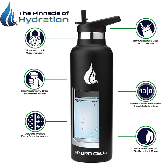 Hydro Cell Stainless Steel Water Bottle with Straw & Standard Mouth Lids (32oz 24oz 20oz 16oz) - Keeps Liquids Hot or Cold with Double Wall Vacuum Insulated Sweat Proof Sport Design (Teal 24oz)