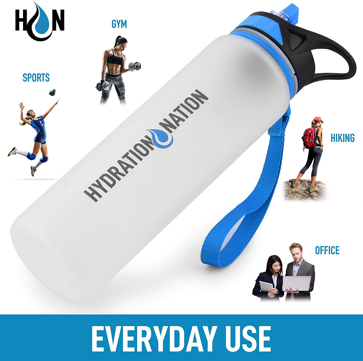Hydration Nation (32oz) Water Bottle With Time Marker - Leak Proof Water Bottles With Times To Drink For Fitness & Sports - 32oz Water Bottle With Straw For Drinking - Water Tracker Bottles (White)