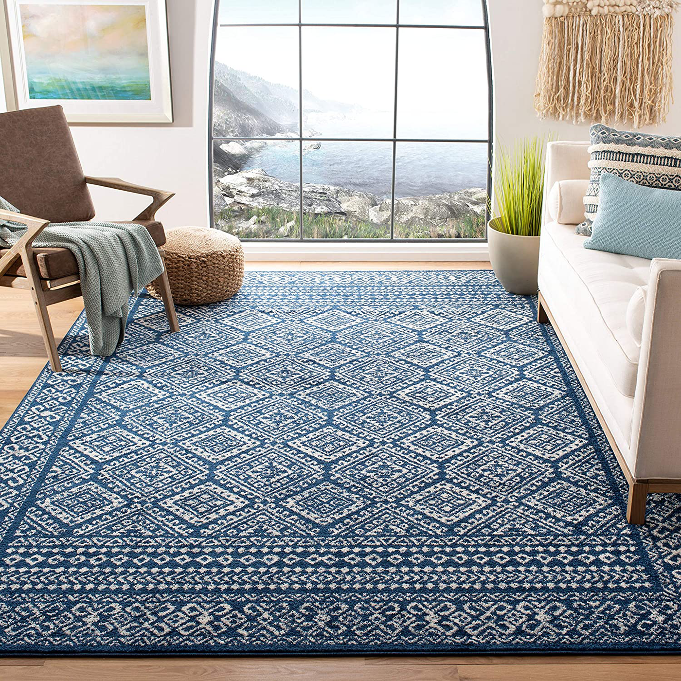 Safavieh Tulum Collection TUL264N Moroccan Boho Distressed Non-Shedding Stain Resistant Living Room Bedroom Area Rug, 6'7" x 6'7" Square, Navy / Ivory