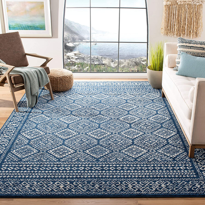 Safavieh Tulum Collection TUL264N Moroccan Boho Distressed Non-Shedding Stain Resistant Living Room Bedroom Area Rug, 6'7" x 6'7" Square, Navy / Ivory