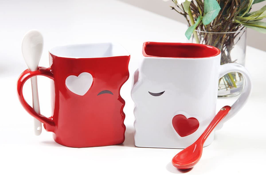 Kissing Mugs Set, Anniversary & Wedding Gifts, Exquisitely Crafted Two Large Cups & Spoons for Couples, For Him and Her on Valentines, Birthday, Engagement by Blu Devil