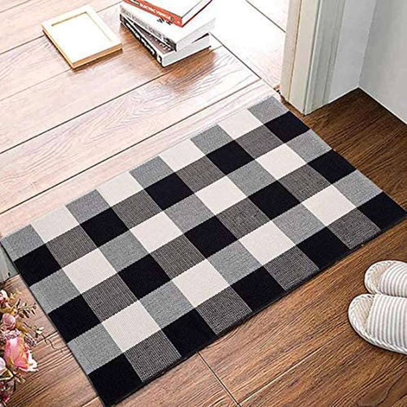 TIDYTIDE Black/White Buffalo Plaid Door Mat- 27.5X43.3 Inches Cotton Hand Woven Check Outdoor Rug- Washable Plaid Rug for Front Porch/Entryway/Farmhouse