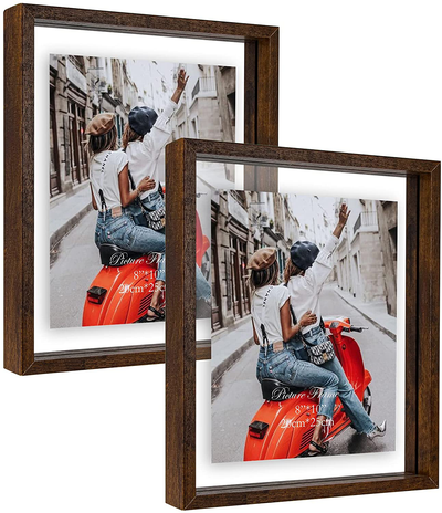 WIFTREY 2 Pack 4x6 Floating Picture Frames, Double Glass Rustic Photo Frame for Wall Hanging or Tabletop Standing, Displays Photo up to 6x8, Brown