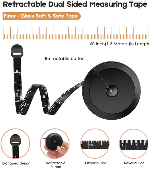 2 Pack Tape Measure Measuring Tape for Body Fabric Sewing Tailor Cloth Knitting Vinyl Home Craft Measurements, 60-Inch Soft Fashion Pink & Retractable Black Double Scales Rulers for Body Weight Loss