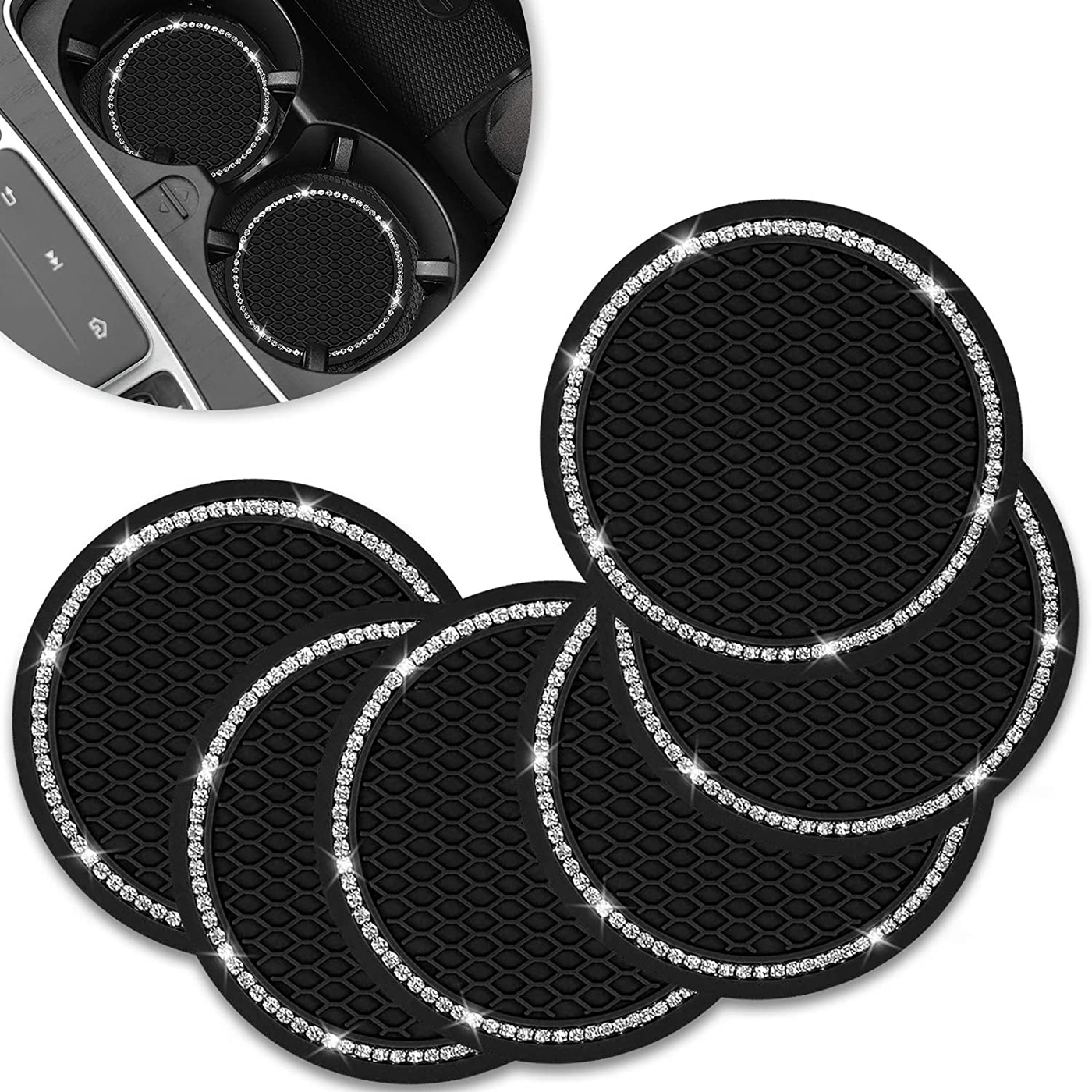 Bling Car Coaster, SHANSHUI 6 Pack Universal Vehicle Cup Holders for Car Cute Silicone Anti-Slip Insert Coaster Crystal Rhinestone Interior Accessories Suitable for Most Cars (Black/ 6Pcs)