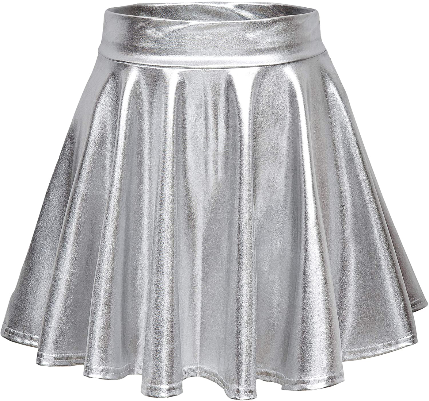 EXCHIC Women's Shiny Metallic Wet Look Stretchy Flared Mini Skater Skirt