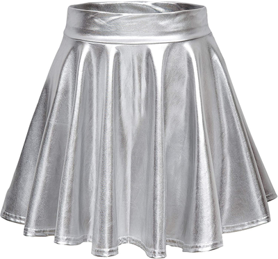 EXCHIC Women's Shiny Metallic Wet Look Stretchy Flared Mini Skater Skirt