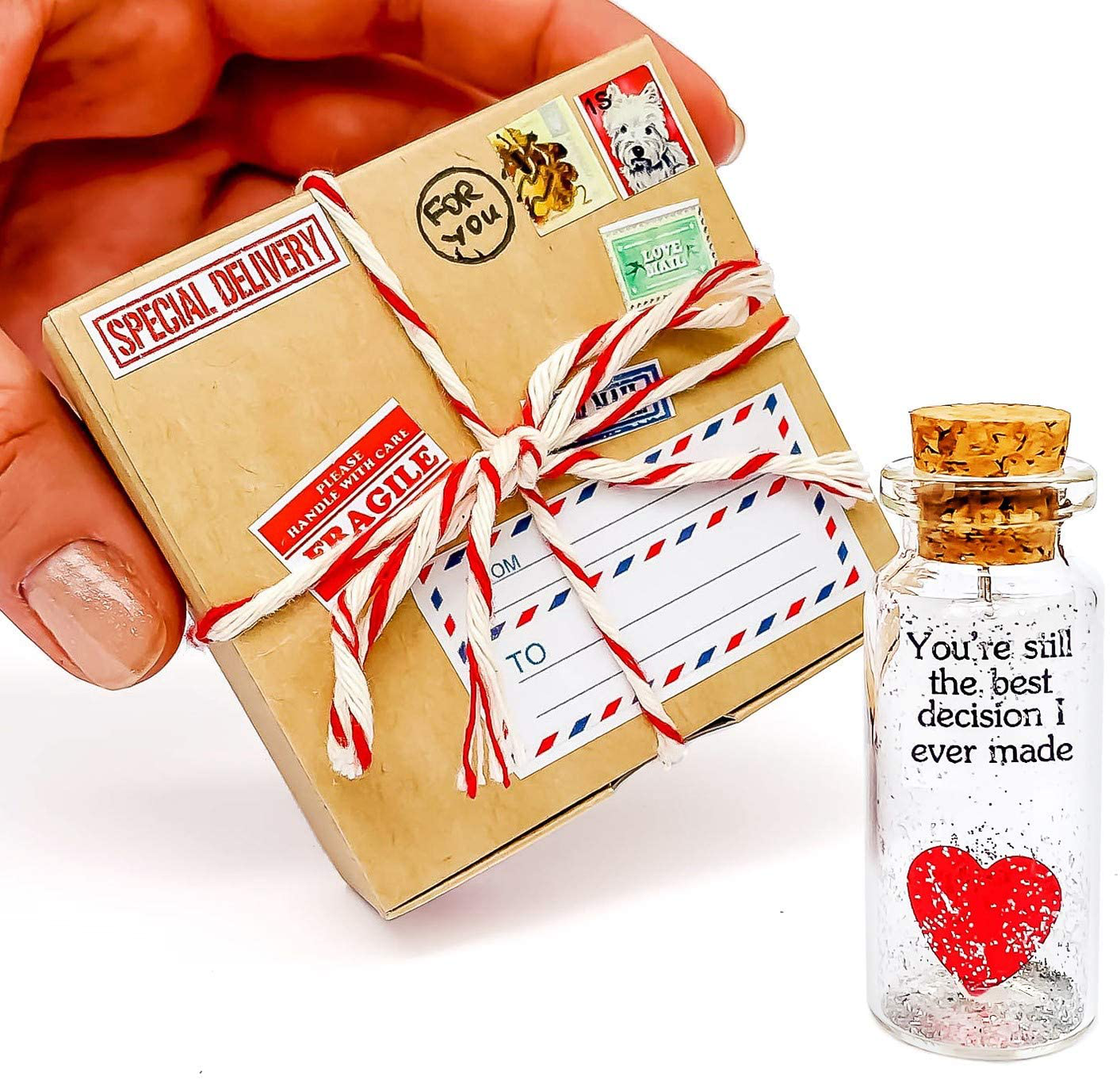 Heart and Message in a Bottle Love Present, Romantic Decoration for Boyfriend or Girlfriend, Anniversary Wish Jar with Card (Red Heart in a Bottle, You're Still the Best Decision I Ever Made)