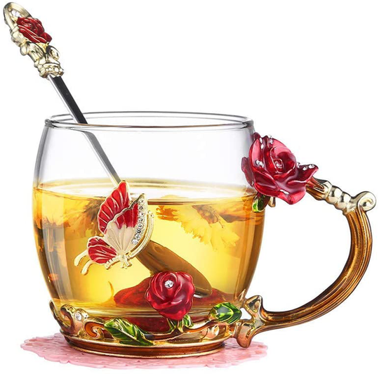 Luka Tech Enamels Butterfly flower Ceramic Coffee Mugs Tea Cup with Steel Spoon, personalised Gifts For Women Wife Mom Friends Birthday Mothers Valentines Day Wedding (White)