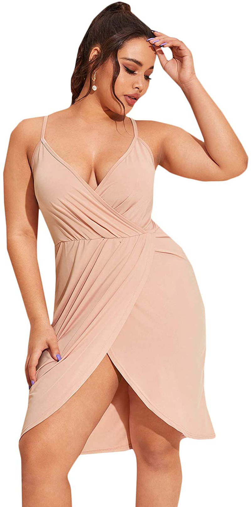 Romwe Women's Plus Size Sexy Wrap Deep V-Neck Split Summer Spaghetti Strap Sleeveless Party Mini Cami Dress