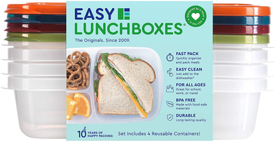 EasyLunchboxes - Bento Lunch Boxes - Reusable 3-Compartment Food Containers for School, Work, and Travel, Set of 10, (Jewel Brights)