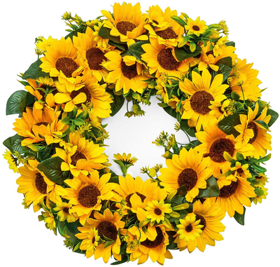 Heflashor 15.2" Sunflower Fall Wreath for Front Door Flower Door Wreath, Halloween Artificial Sunflower Wreath Yellow Flower Door Wreath Summer Autumn Wreath for Thanksgiving Decor (Sunflower)