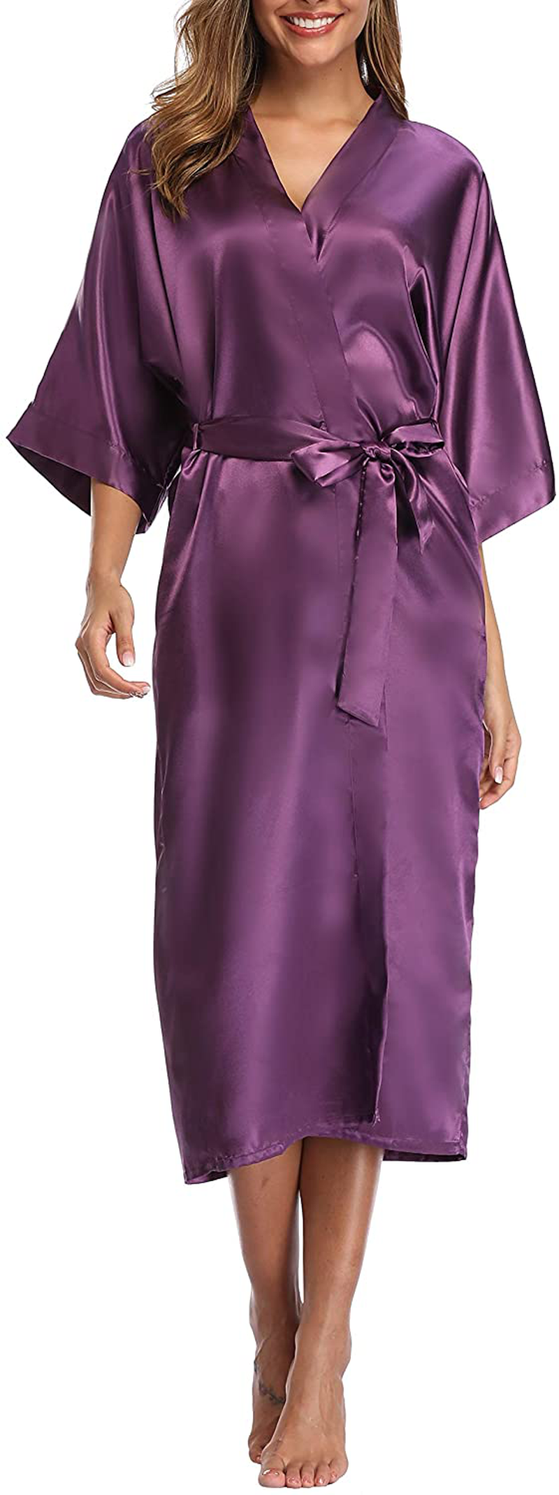 Womens Pure Color Long Satin Bathrobe Kimono Nightgown Long Dress Gown