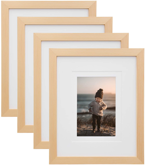 KINLINK 8x10 Picture Frames Natural Wood Frames with Acrylic Plexiglass for Pictures 4x6/5x7 with Mat or 8x10 Without Mat, Tabletop and Wall Mounting Display, Set of 4