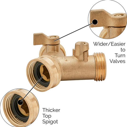 Heavy Duty 2 Way Brass Garden Hose Connector Tap Splitter With 2 Extra Rubber Washers
