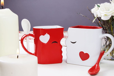 Kissing Mugs Set, Anniversary & Wedding Gifts, Exquisitely Crafted Two Large Cups & Spoons for Couples, For Him and Her on Valentines, Birthday, Engagement by Blu Devil
