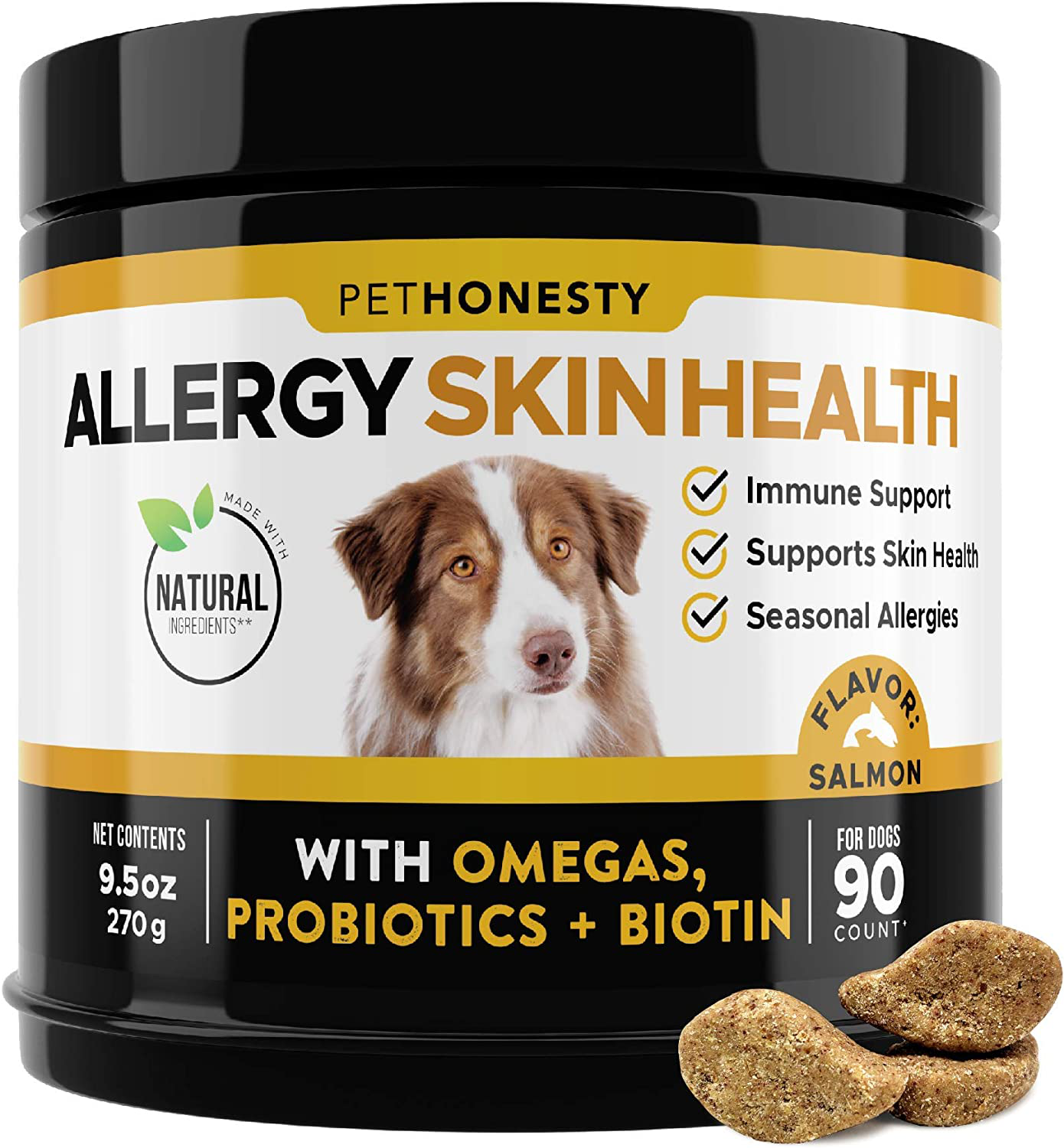 PetHonesty Allergy SkinHealth - Fish Oil for Dogs with Omegas, DHAGold, Flaxseed, Probiotics for Itch-Free Skin, Shiny Coats, Hotspots, Reduce Shedding - Soft Chews for Healthy Skin & Coat