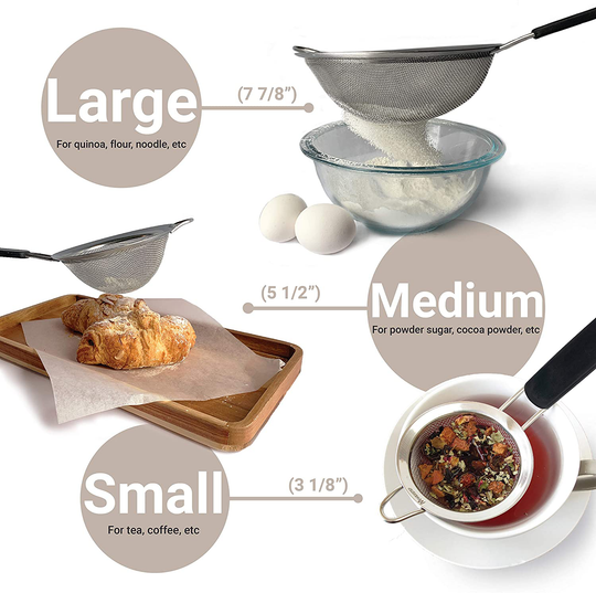 Makerstep Set of 3 Stainless Steel Fine Mesh Strainers. Graduated Sizes 3.38", 5.5", 7.87" Strainer Wire Sieve Sifter with Insulated Handle for Kitchen Tools Gadgets