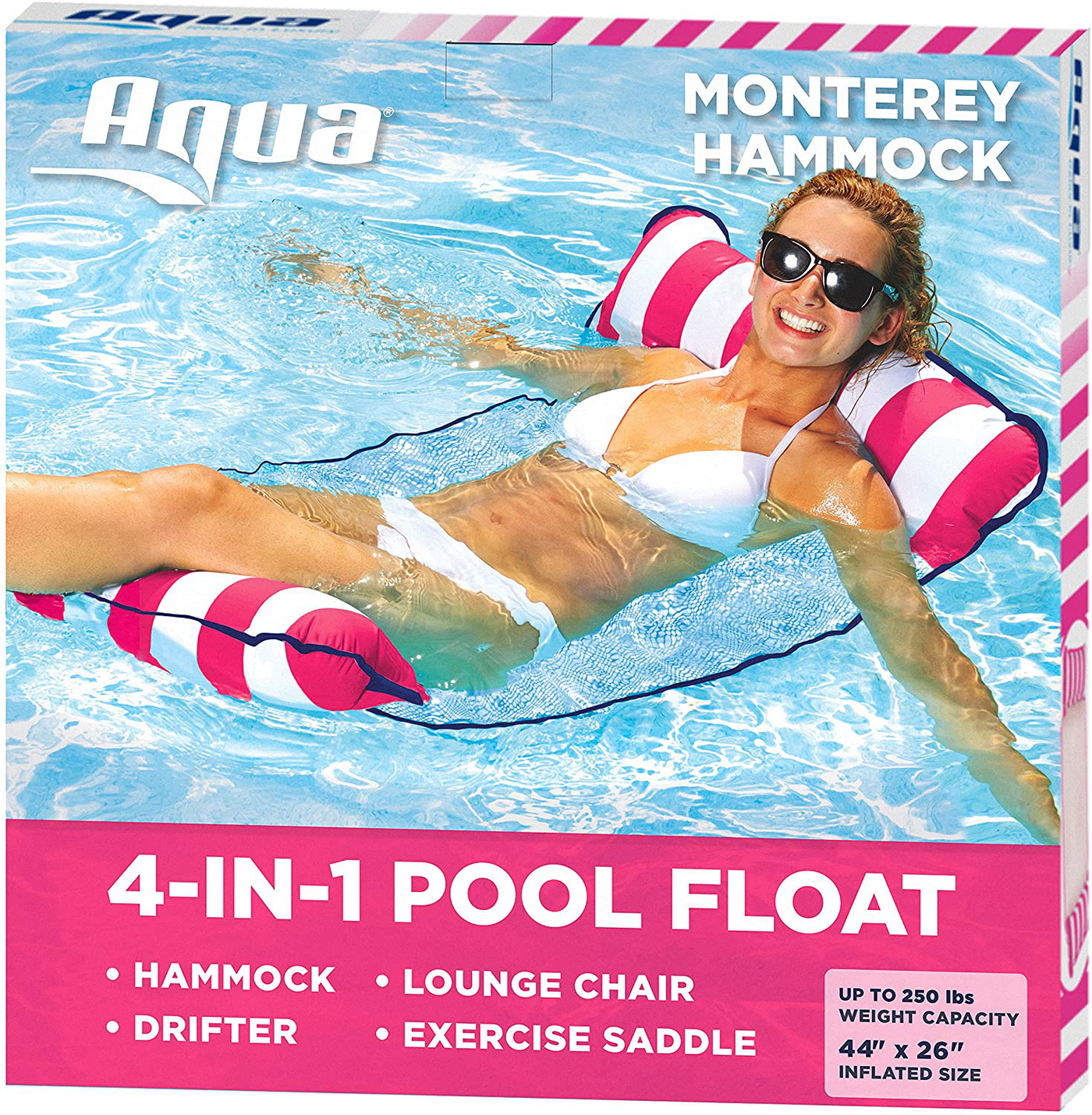 Aqua 4-in-1 Monterey Pool Hammock & Float, 50% Thicker, Patented Non-Stick PVC, Multi-Purpose Water Hammock (Saddle, Chair, Hammock, Drifter) Pool Chair for Adults - Pink