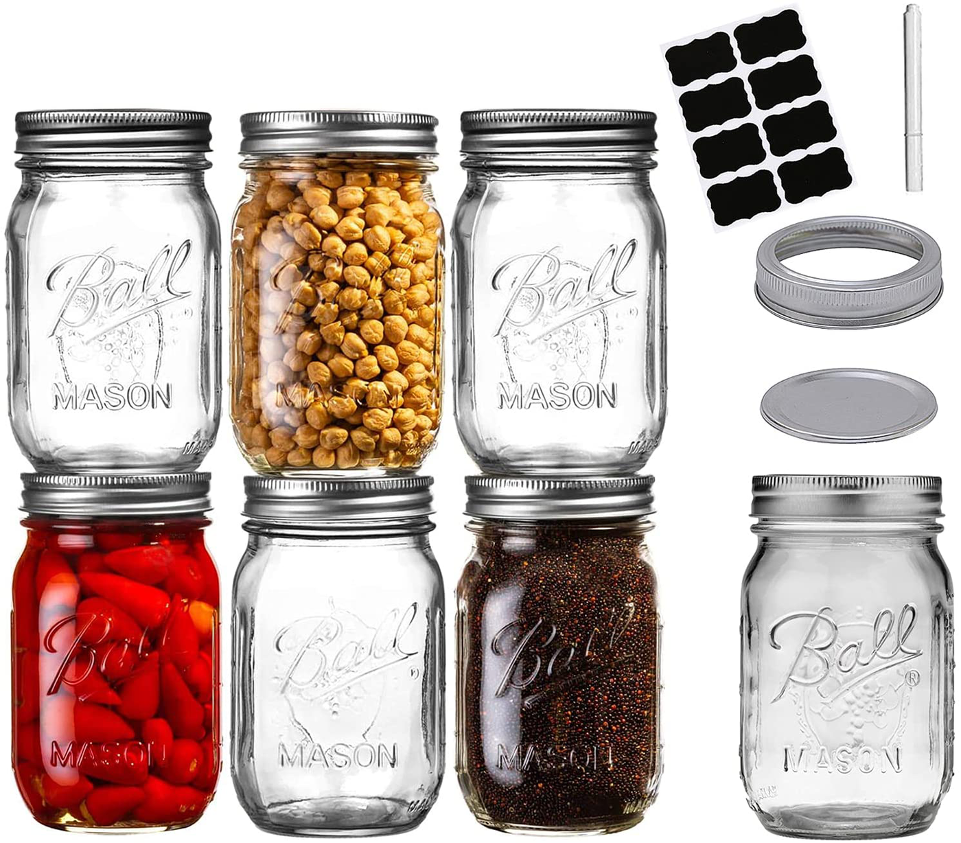 Mason Jars Regular Mouth Glass(6-Pack),16-Ounces Mason Jar,Clear Canning Jars with Lid and Band with Measurement Marks for Preserving,Meal Prep,Overnight Oats,Jam,Spice Jars