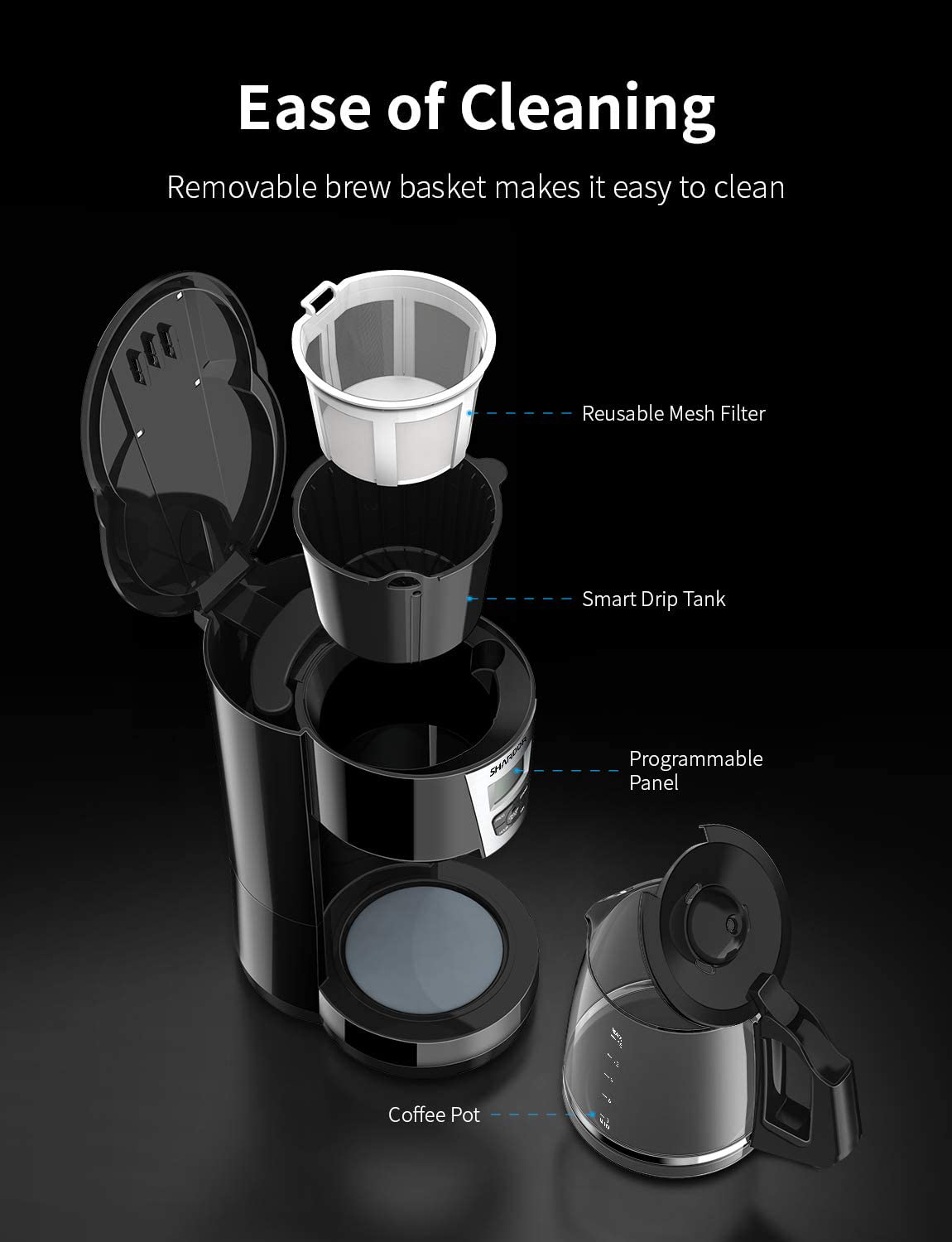 SHARDOR Drip Coffee Maker, 12 Cup Programmable Brew Coffee Machine 3.0, Automatic Start and Shut Off, Brew Strength Control, Warming Plate, Glass Carafe, 60oz, Black
