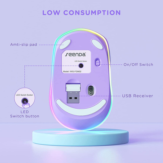 seenda Wireless Mouse, Ultra Silent LED Cordless Mouse with USB Receiver and 3 Adjustable DPI for Kids Laptop Computer Chromebook(Purple)