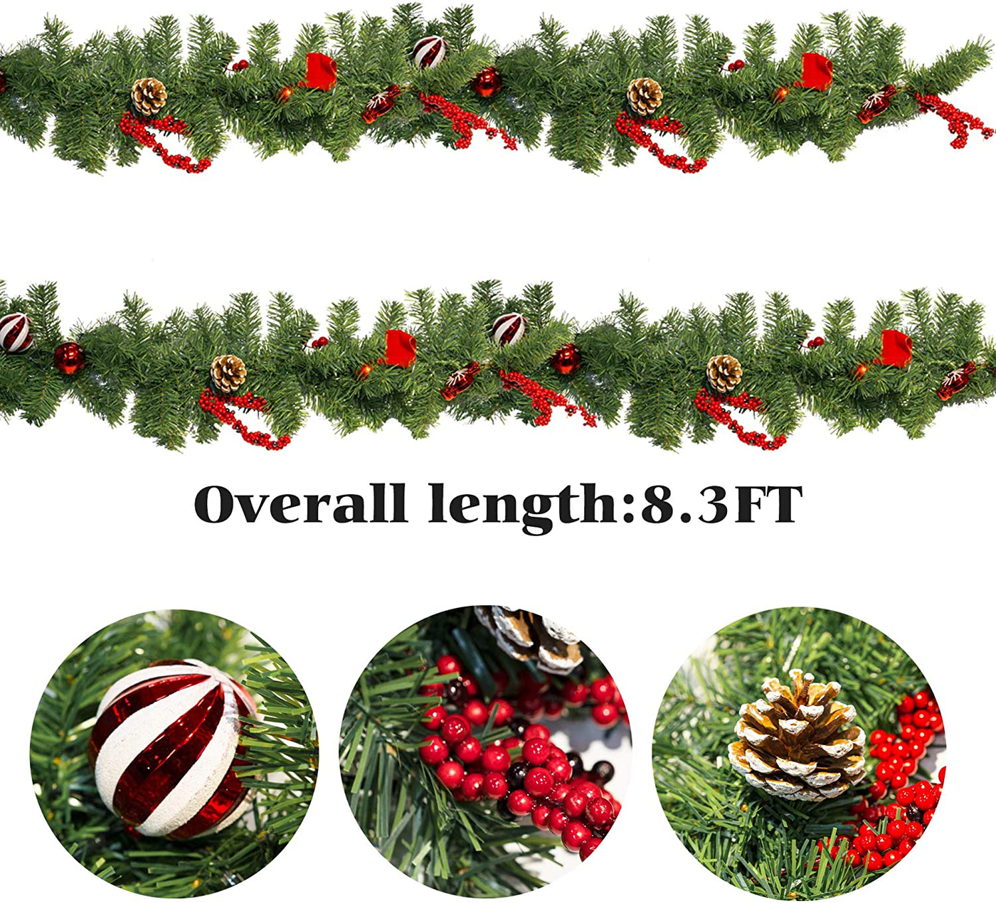 FUNPENY Christmas Artificial Garland with 50 LED Light, 9 FT Christmas Pinecone Wreath Flocked with Mixed Decorations, Crestwood Spruce for Front Door Decoration and Christmas Party