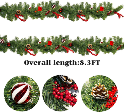 FUNPENY Christmas Artificial Garland with 50 LED Light, 9 FT Christmas Pinecone Wreath Flocked with Mixed Decorations, Crestwood Spruce for Front Door Decoration and Christmas Party