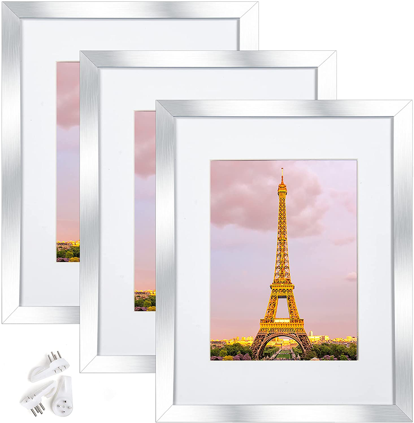 upsimples 8.5x11 Picture Frame Set of 3,Made of High Definition Glass for 6x8 with Mat or 8.5x11 Without Mat,Wall Mounting Photo Frame Silver