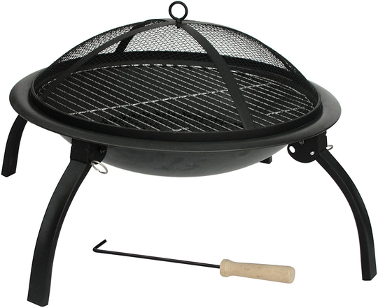 Fire Sense Portable Folding Round Black Steel 22 Inch Fire Pit with Carry Bag | Wood Burning | Mesh Spark Screen, Wood Grate, Cooking Grate, and Screen Lift Tool Included | Lightweight Patio