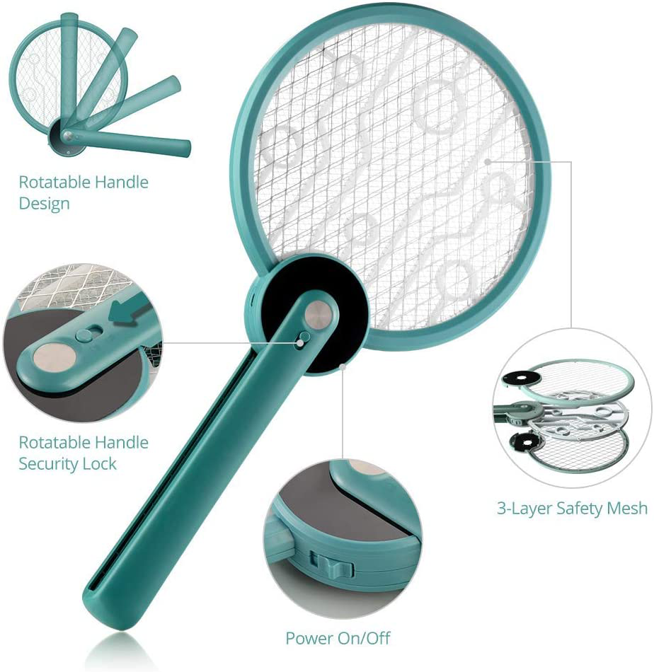 Bug Zapper, 2 in 1 Foldable Electric Fly Swatter & Bug Zapper Racket, Fly Killer & Mosquito Killer for Travel, Camping, Indoor and Outdoor Pest Control, USB Rechargeable, 3 Layers Safety Mesh