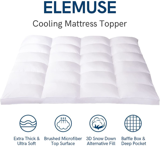 ELEMUSE Twin White Cooling Mattress Topper for Back Pain, Extra Thick Mattress pad Cover, Plush Soft Pillowtop with Elastic Deep Pocket, Overfilled Down Alternative Filling