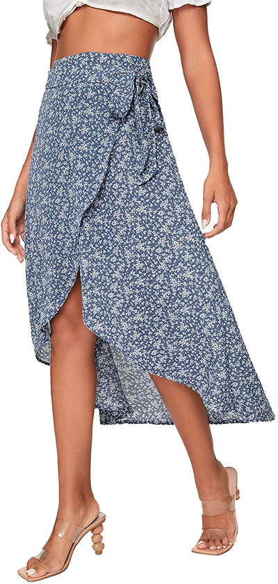 SheIn Women's Boho Ditsy Floral Knot High Waisted Wrap Split Midi Skirt