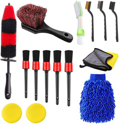 Jaronx 15 PCS Car Wheel & Tire Brush Set, 17 Inches Long Handle Rim Wheel Brush, Short Handle Wheel Brush, Detailing Brushes, Wash Mitt, Vent Duster, Wax Applicator Pads, Washing Towels, Wire Brushes