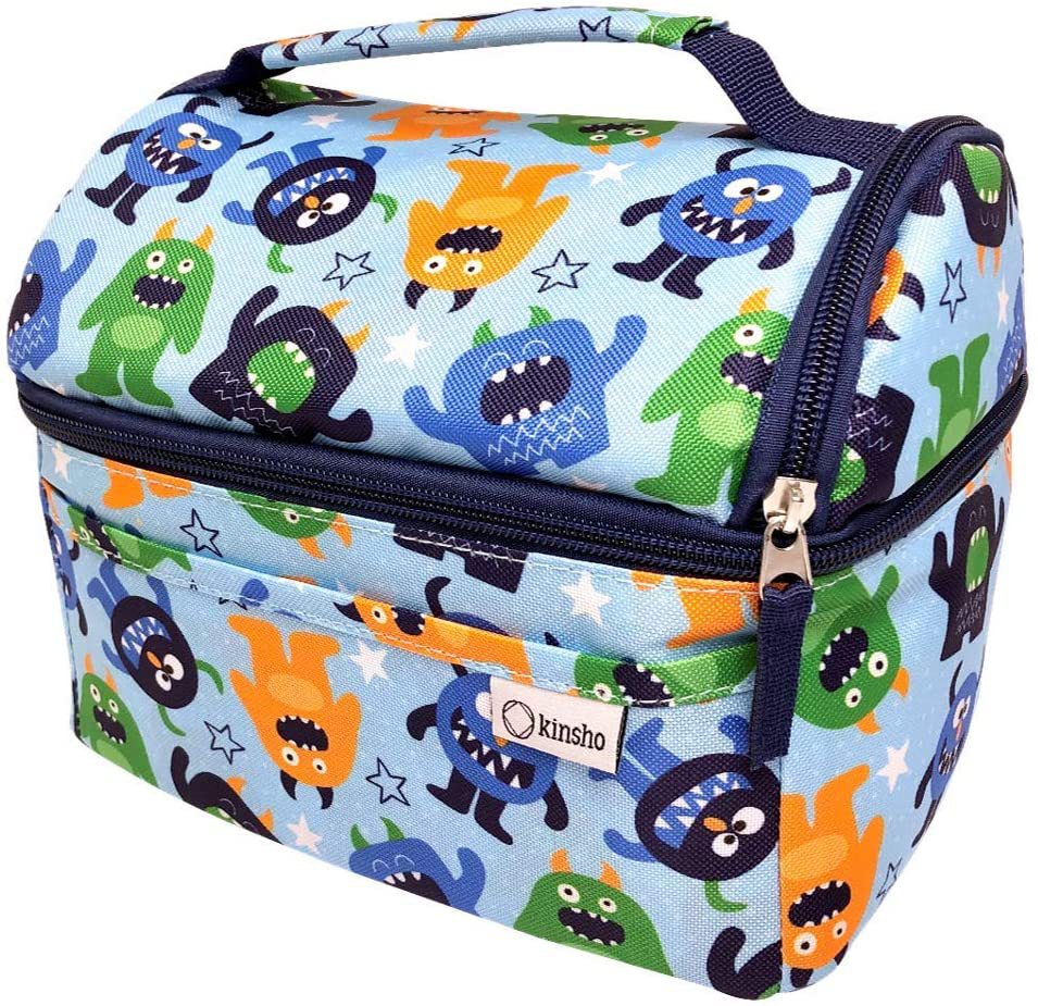 Lunch Box for Toddlers Kids Boys, Insulated Bag for Baby Boy Girl Daycare Pre-School Kindergarten, Container Boxes for Small Kid Snacks Lunches, 2 Compartments, Blue Orange, Cute Monsters