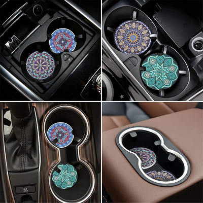 Vaincre 4 Pack 2.56 inch Car Coasters for Drinks Absorbent, Mandala Ceramic Car Cup Holder Coaster for Your Car with Fingertip Grip, Removable Cute Auto Accessories, Keep Car Clean for Women & Girls