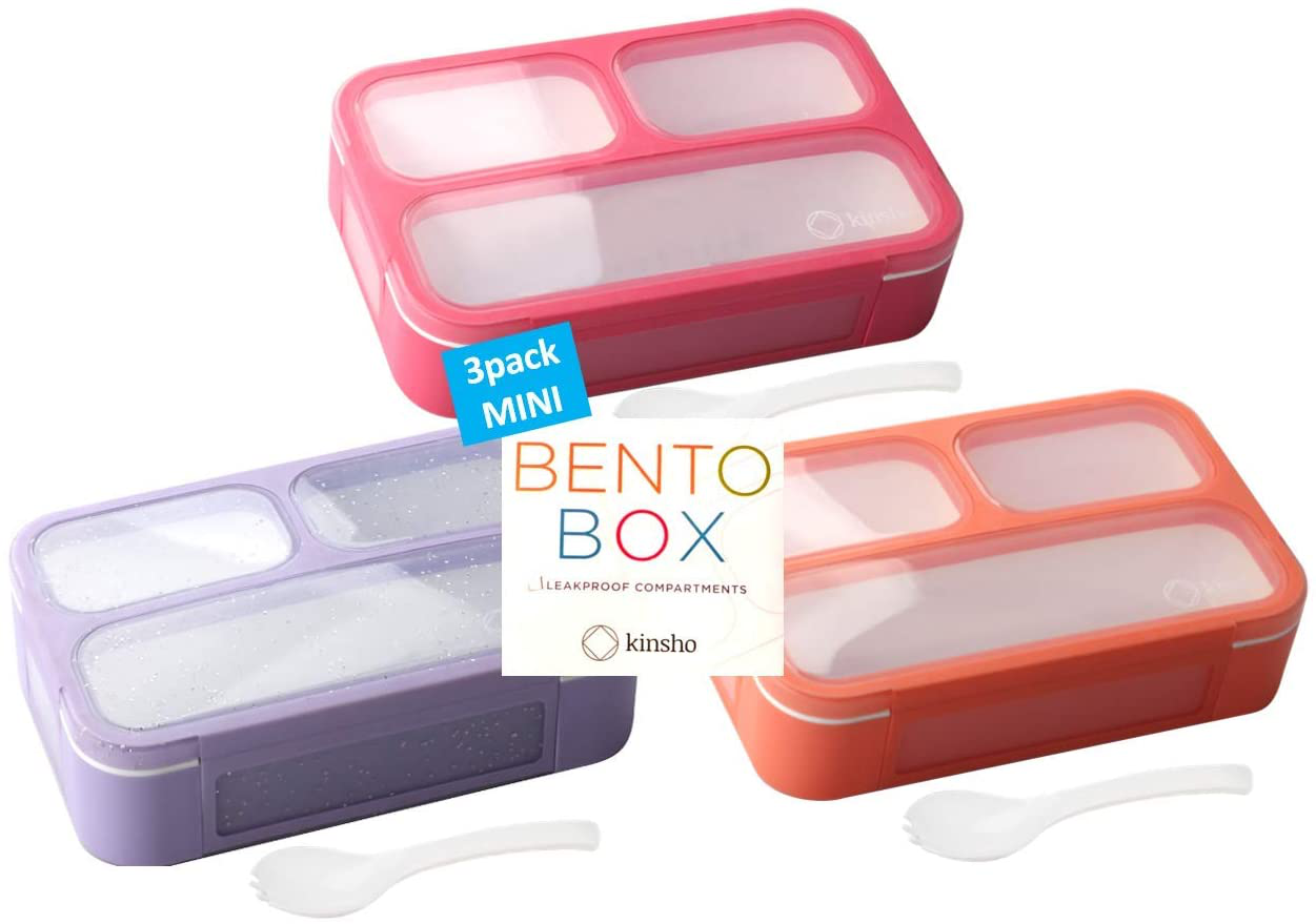 MINI Lunch-Box Snack Containers for Kids | SMALL Bento-Box Portion Container | Toddler Pre-School | Leak-proof Boxes for Work, Travel | Best for Adults Boys Girls | Pink Purple, Coral 3 pack