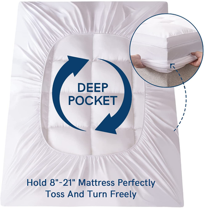 ELEMUSE Twin White Cooling Mattress Topper for Back Pain, Extra Thick Mattress pad Cover, Plush Soft Pillowtop with Elastic Deep Pocket, Overfilled Down Alternative Filling