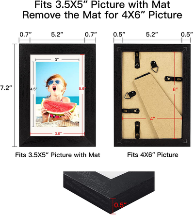 BAIJIALI 5x7 Picture Frame Black Wood Pattern Set of 4 with Tempered Glass,Display Pictures 4x6 with Mat or 5x7 Without Mat, Horizontal and Vertical Formats for Wall and Table Mounting