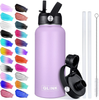 Glink Stainless Steel Water Bottle with Straw, 40 oz Wide Mouth Double Wall Vacuum Insulated Water Bottle Leakproof, Straw Lid and Spout Lid with New Rotating Rubber Handle Lavender