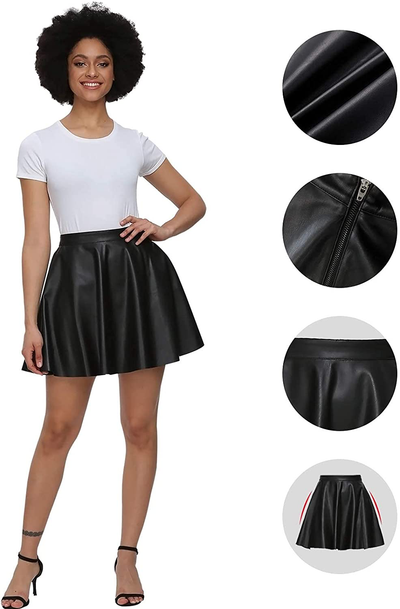 Fahsyee Plus Size Leather Skirt, Women's Black Pleated Skater Mini A-line Vegan Faux High Waist Casual Stretchy S-XXL