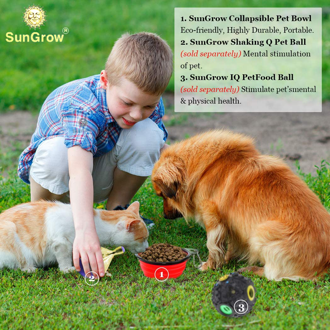 SunGrow Collapsible Bowls, Food and Water Feeder for Camping, Travel, Food-Grade, Carabiner Clip for Easy Storage, Dishwasher Friendly, Low Footprint, Feed Dog/cat Anywhere, 2 Pack