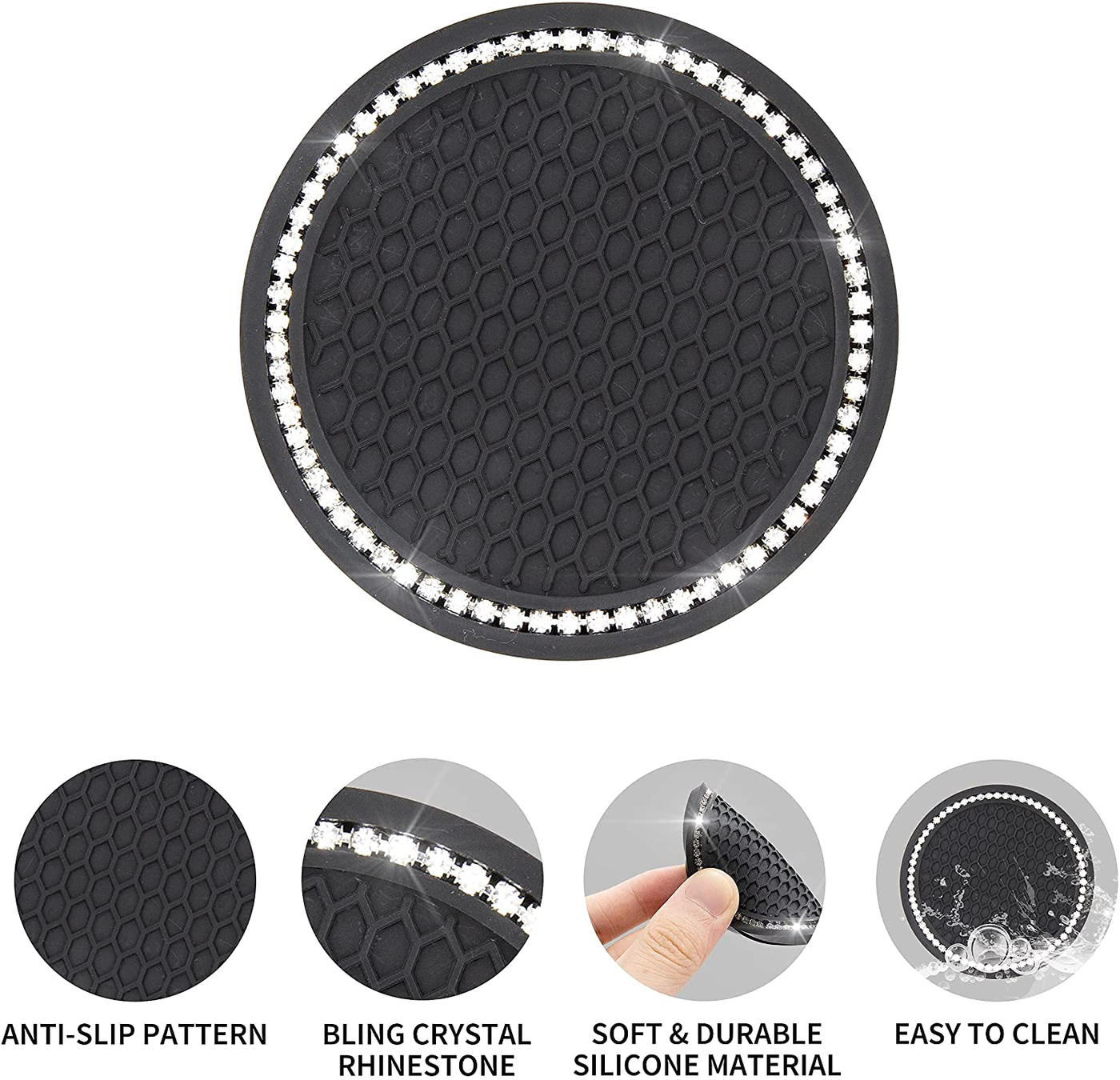 POJORY Bling Car Coasters Universal Auto Anti Slip Crystal Rhinestone Coasters for Cup Holder 2.75” Car Interior Accessories for Women 2 Pack Black