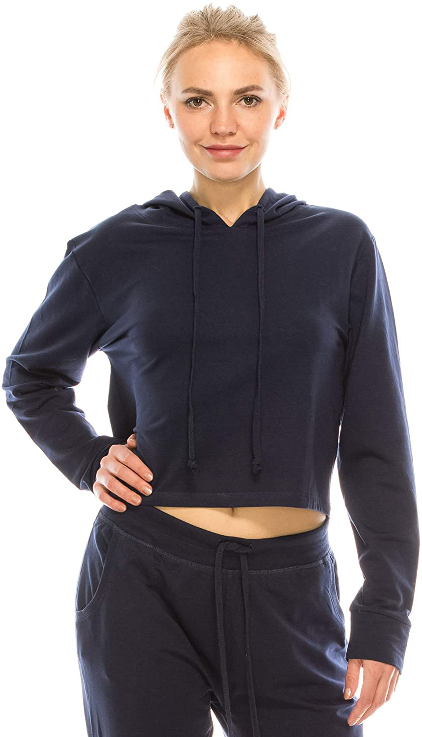 Women's Casual Crop Hoodie Sweatshirt - Long Sleeve Cute Cropped Plain Workout Drawstring Hooded Pullover Top