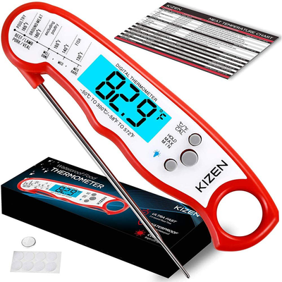 Kizen Digital Meat Thermometers for Cooking - Waterproof Instant Read Food Thermometer for Meat, Deep Frying, Baking, Outdoor Cooking, Grilling, & BBQ (Red/White)