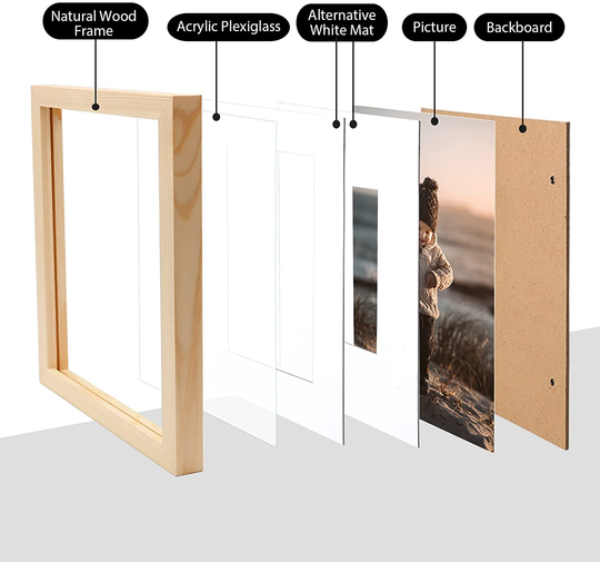 KINLINK 8x10 Picture Frames Natural Wood Frames with Acrylic Plexiglass for Pictures 4x6/5x7 with Mat or 8x10 Without Mat, Tabletop and Wall Mounting Display, Set of 4