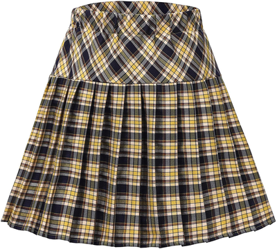 Women's Elastic Waist Plaid Pleated Skirt Tartan Skater School Uniform Mini Skirts